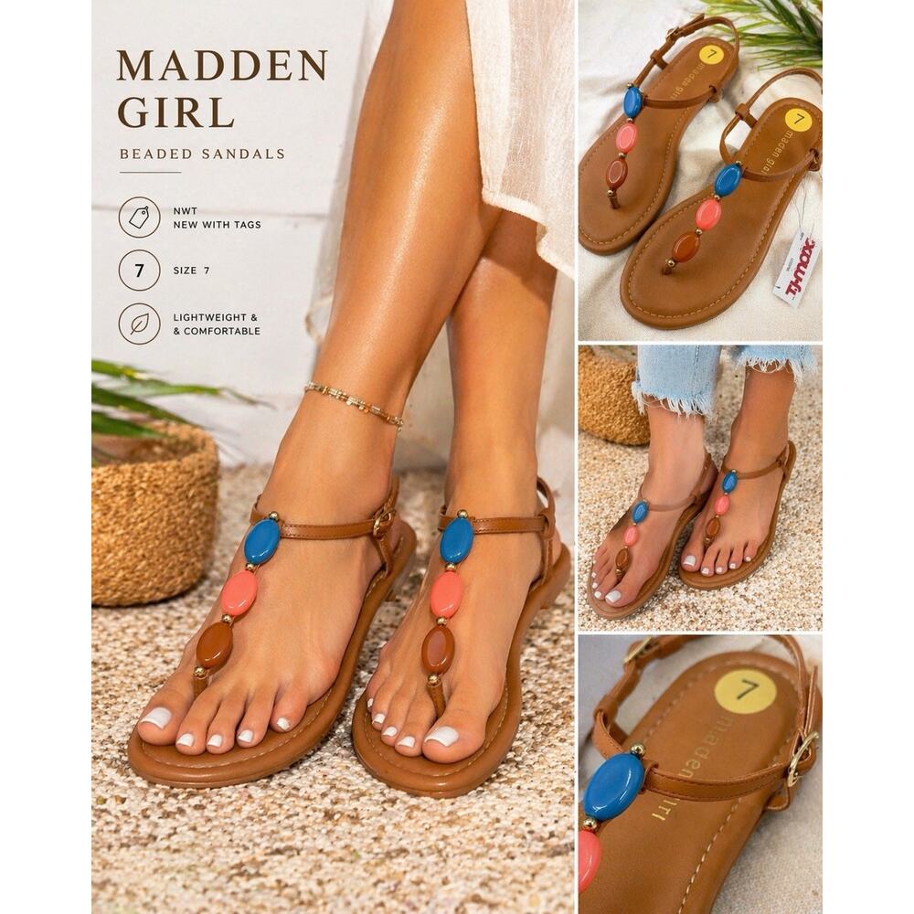 Madden Girl Beaded Sandals Womens Size 7 NWT Tan Ankle Strap Boho Flat Coastal - Picture 7 of 7